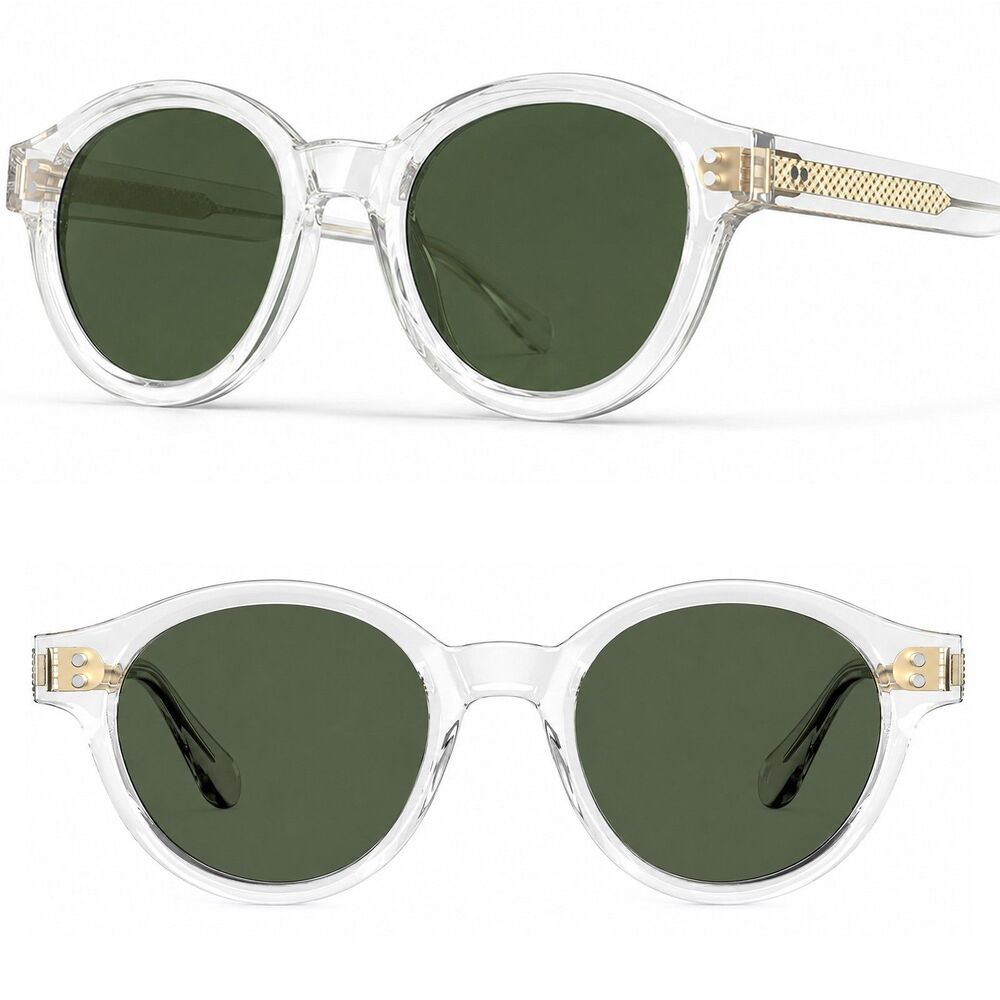 *Case Included* Women's Round Polarized Sunglasses Clear Frame Green Lens Retro